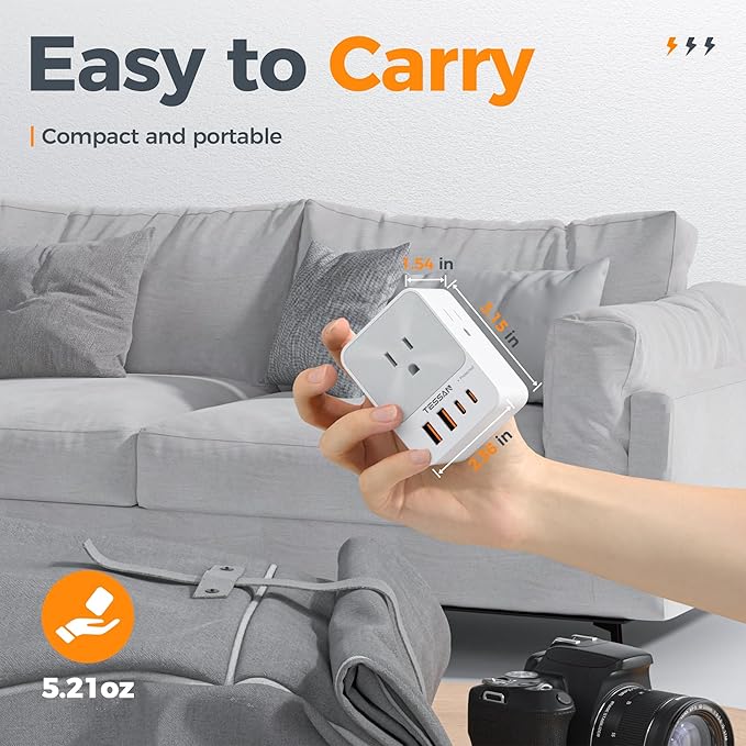 USB C Charger Block 20W PD, TESSAN 4 USB Wall Charger Fast Charging with 3 Outlet Extender Surge Protector, 3 Side Multi Port Adapter, Electric Multiple Outlet Plug for Home Office Dorm Room