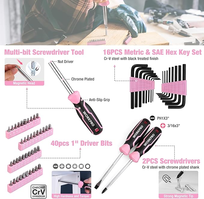WORKPRO Pink Tool Set, 284 PCS Tool Kit for Women, Basic Household Pink Tool Box with Sockets, Pliers, Ratchet Handle, Portable Toolkit for Home Repair, New Apartment, House-Warming, DIY - Pink Ribbon