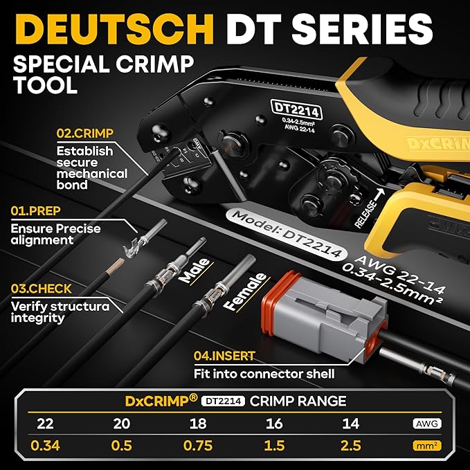 Deutsch Connectors Crimping Tool Kit, Deutsch Connector Kit 2/3/4/6 Pin DT Connectors Waterproof Automotive Electrical Connectors with 22-14 AWG Deutsch Crimp Tool, Deutsch Pin Removal Tool