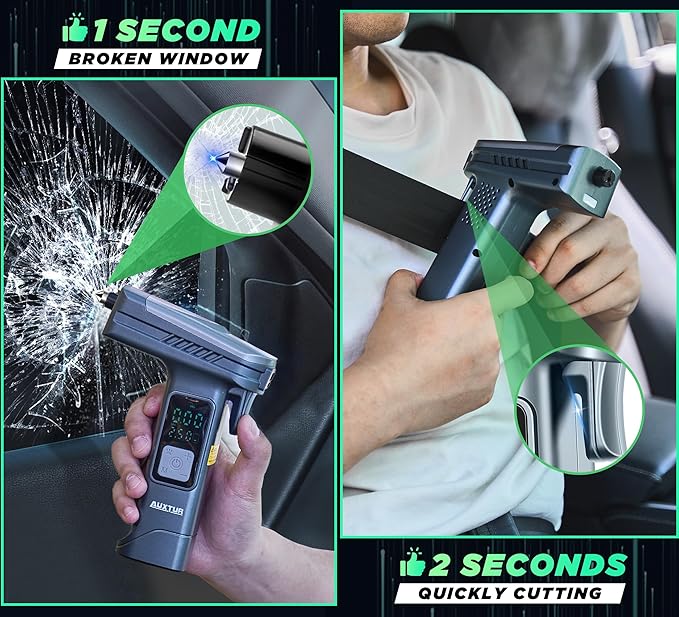 6IN1 Portable Tire Inflator Bike Pump|Escape Tool with Safety Hammer and Seat Belt Cutter|Car Tire Air Pump|Digital Tire Pressure Gauge|Car Accessories for Emergency