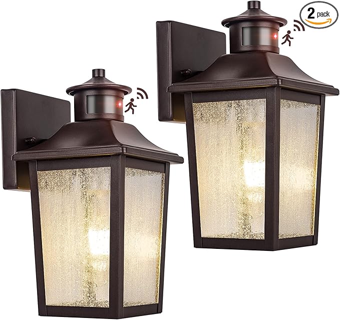 Oil Rubbed Bronze Motion Sensor Outdoor Lights 2 Packs - Waterproof Dusk to Dawn Outdoor Lighting, Brown Exterior Garage Light Fixture, Porch Light Outside Wall Mount for House, Front Door, Anti-Rust