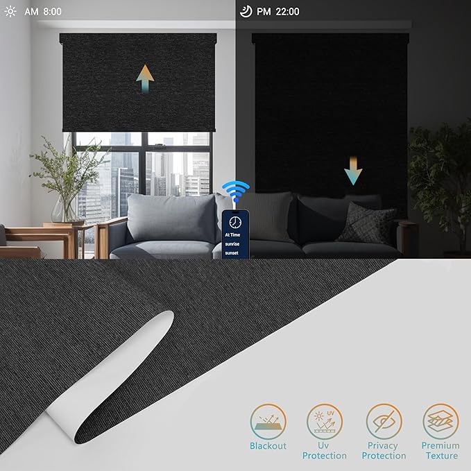 Motorized Blinds with Remote, Blackout Smart Roller Blinds Compatible with Apple Homekit Google Home and Alexa, Automatic Window Blinds Customize, Black
