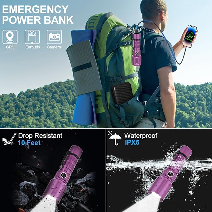Flashlights High Lumens Rechargeable, Super Bright Long Range Small Powerful Flashlight, 6 Modes LED Tactical Pocket Waterproof Flash Light for Home Emergency (1, Purple)