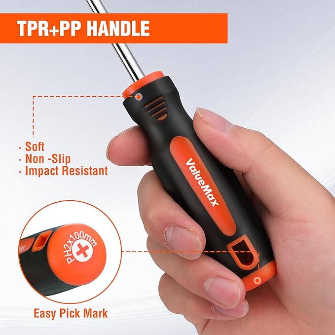 ValueMax 6-Piece Magnetic Screwdriver Set, 3 Phillips and 3 Flat Tip Screwdrivers, Non-slip Handle Screw Driver Set Kit