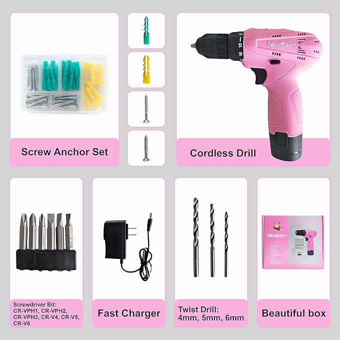 NEWBEAT Pink Cordless Drill Set - 12V Power Drill Cordless with Battery and Charger for Home Improvement, 3/8" Keyless Chuck, 2 Variable Speed, Electric Power Tools for Women DIY