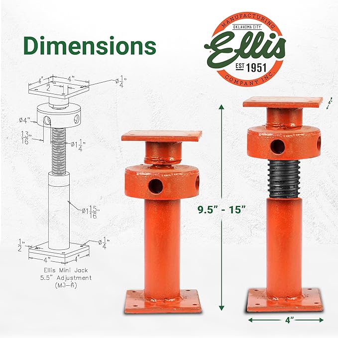 Ellis Manufacturing Adjustable Mini Screw Jack Post – House Jack for Foundation, Floor Leveling, and Concrete Bracing – 15,000 lb Max Load Capacity – 5.5" Adjustment