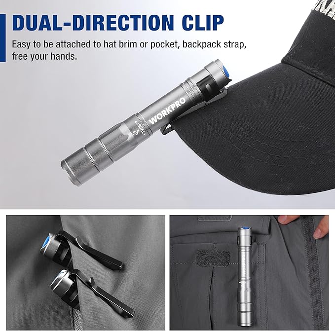 WORKPRO Rechargeable Pen Light, Mini Flashlight, 2 Pack Ultra-Compact EDC Flashlight, Pocket Flashlight with Clip, Memory Function and 2 x USB C Cable Included, Gray