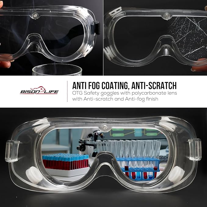 BISON LIFE Clear Anti-Fog Safety Goggles, Chemical Splash Resistant, Adjustable Strap, Anti-Scratch Eye Protection Glasses