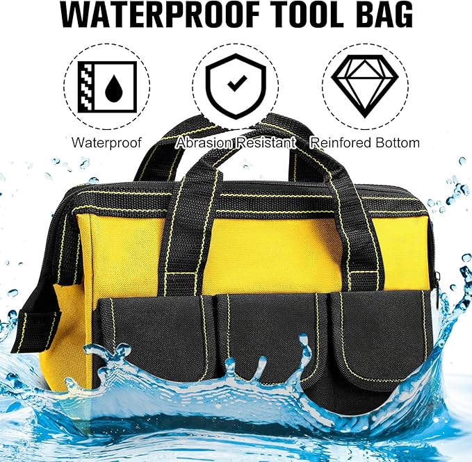 Silkfly 6 Pcs Tool Bag for Men Women Heavy Duty Tool Tote with Waterproof Hard Bottom Multi Pockets Large Mouth Organizer for Various Worker Electrician Carpenter Mechanic(Yellow,13 Inch)