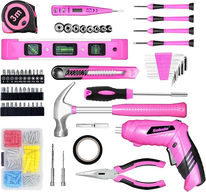 SOLUDE Pink Tool Set,130 Piece Home Tool Kit for Women with 3.6V Cordless Rechargeable Screwdriver,Basic Toolkits for New House,Apartment,College Dorm & DIY Projects