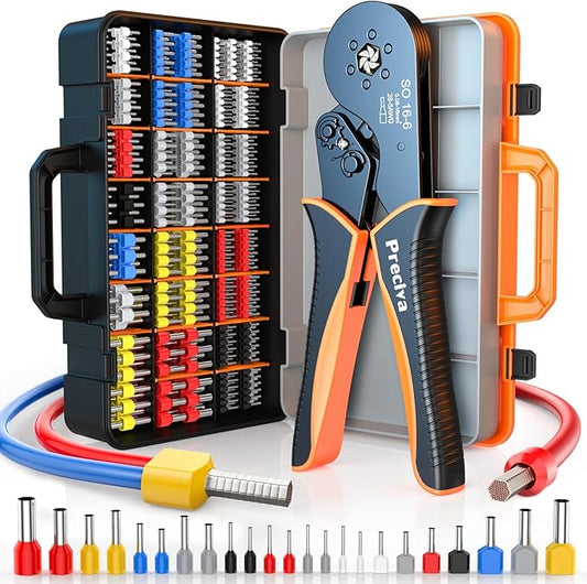 Preciva Ferrule Crimping Tool Kit, Self-Adjustable Ratchet Crimper for AWG 28-5 Ferrules - Includes 1275PCS Hexagonal Double & Single Wire Connectors