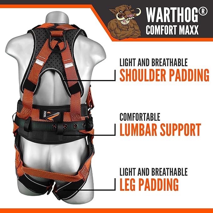 Malta Dynamics Warthog Comfort MAXX - Safety Harness for Construction – Fall Protection Equipment with Removable Belt and Lumbar Support, Side D-Rings, and Padding, OSHA & ANSI Compliant (L-XL)