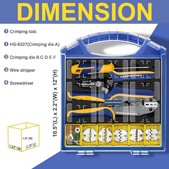 haisstronica Crimping Tool Set - 6PCS Crimping Die for Heat Shrink,Insulated Nylon,Non-Insulated,Ferrule Wire End,Open Barrel Terminals,Solar Connectors - with Wire Stripper Tool and Screwdriver