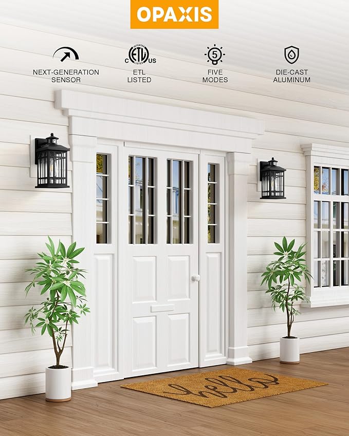 Motion Sensor Outdoor Light Adjustable Sensing Range, 2 Pack Black Dusk to Dawn Exterior Lighting Fixtures with Bubble Glass, Aluminum Anti-Rust Outside Lights for House Garage Doorway Garden