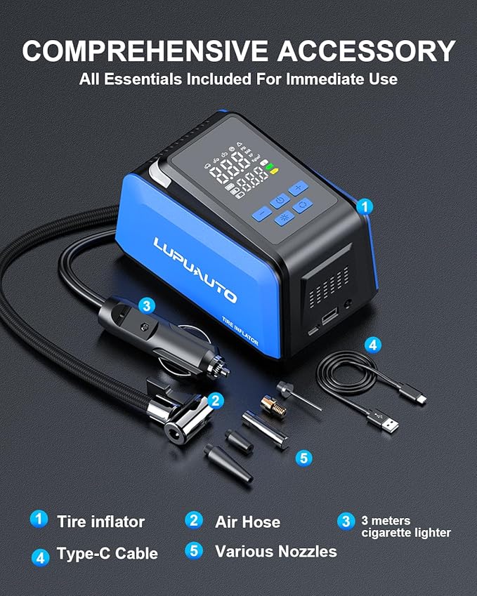 Tire Inflator Portable Air Compressor, 2X Faster Inflation Air Pump, 150PSI Car Tires Inflator with Digital Pressure Gauge, LED Light Cordless Pump for Car, Motorcycle, Bicycle, Balls and More