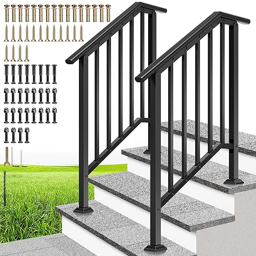 VIVOHOME 2-Pack 3 Step Galvanized Steel Hand Rails for Outdoor Steps – Black Oval and Safety Balusters Exterior Railing for Porch, Deck, or Indoor Stairs, Complete Installation Kit