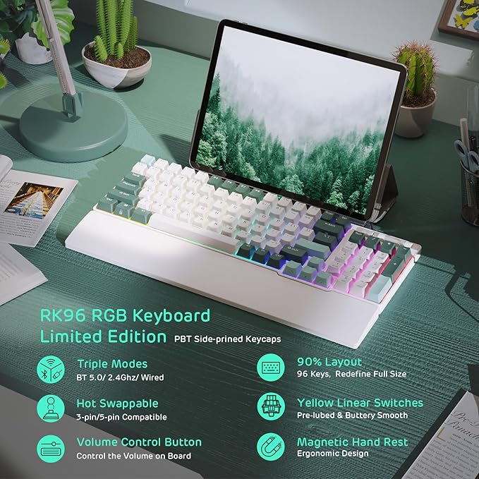 RK ROYAL KLUDGE RK96 RGB Limited Ed, 90% 96 Keys Wireless Triple Mode BT5.0/2.4G/USB-C Hot Swappable Mechanical Keyboard w/Wrist Rest, Software Support & Massive Battery, RK Yellow Switch