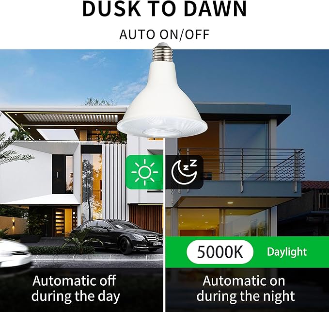 Dusk to Dawn PAR38 LED Light Bulbs, Daylight 5000K, 150W Equivalent, 1700LM, Auto On/Off Light Sensor Bulb, Non-Dimmable, E26, 17W 2 Pack, HQ-H033