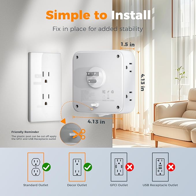 Multi Plug Outlet Extender, TESSAN Wall Surge Protector Plug Extender with 8 Sockets, Multiple Outlet Splitter with 3 USB Ports (1 USB C), Power Socket Expander with Switch for Home, Dorm, White