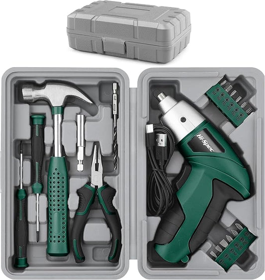 Hi-Spec 19pc 3.6V Green USB Small Power Screwdriver & Home DIY Tool Kit Set. Cordless & Rechargeable Electric Screwdriver and Compact Hand Tool Box Set