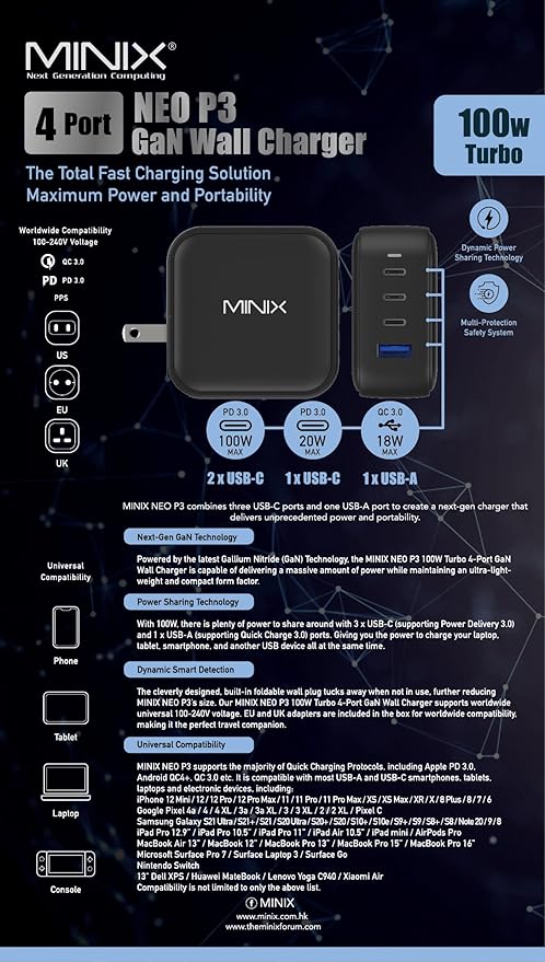 MINIX NEO P3 100W Turbo 4-Ports GaN Wall Charger, 3 x USB-C Port Fast Charging Adapter(Max 100W/20W), 1 USB-A (Max 18W). Compatible with MacBook Pro Air, iPad Pro, iPhone 14,Galaxy S9 and More.