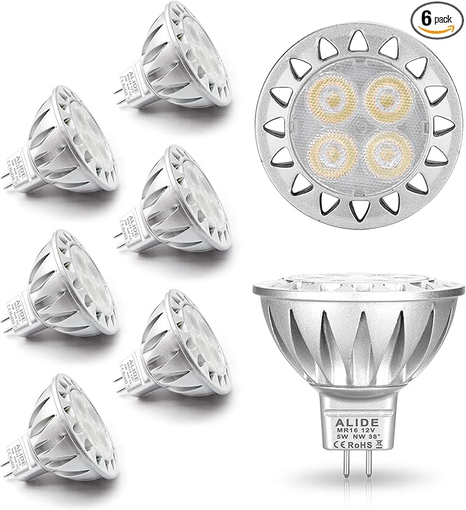 ALIDE MR16 GU5.3 Led Bulbs 5W 4000K Neutral/Natural White,20W-35W Halogen Equivalent,12V MR16 Low Voltage Bulbs for Outdoor Landscape Flood Ceil Track Lighting,Not Dimmable,450lm,38 Deg,6 Pack