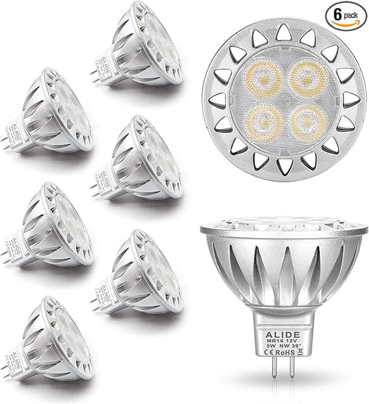 ALIDE MR16 GU5.3 Led Bulbs 5W 4000K Neutral/Natural White,20W-35W Halogen Equivalent,12V MR16 Low Voltage Bulbs for Outdoor Landscape Flood Ceil Track Lighting,Not Dimmable,450lm,38 Deg,6 Pack