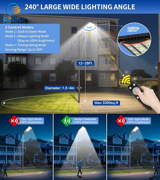 CEDIO Solar Street Lights Outdoor, 9800W Solar Lights Outdoor, 450000 Lumens LED Street Light Waterproof IP67 Dusk to Dawn,LED Flood Light with Motion Sensor (9800w-2PC)