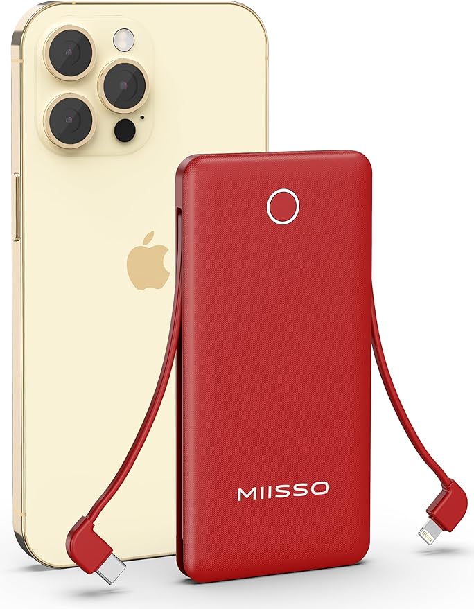 miisso 10000mah Slim Portable Charger with Built in Cable, Power Bank Travel Phone Charger External Battery Pack for Phones, 4 Output USB C Cords Clutch Charger Compatible with iPhone, Samsung, Red