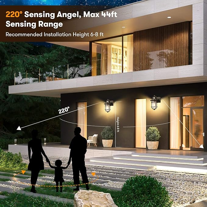 Motion Sensor Outdoor Wall Lantern Dusk to Dawn Waterproof Exterior Wall Sconce with Seeded Glass Black Wall Mount Light Fixture for Porch Doorway Garage, E26 Socket, Motion Activated