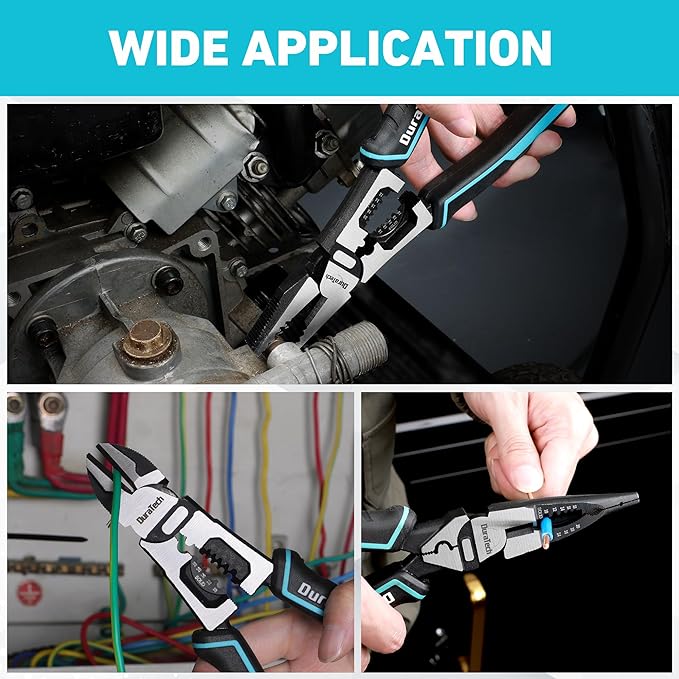 DURATECH 3PCS Pliers Set, Large 6 in 1 Multifunctional Wire Stripper Crimper Cutter, 8.5" Long Nose Pliers, 8.5" Linesman Pliers, 8" Diagonal Side Cutting