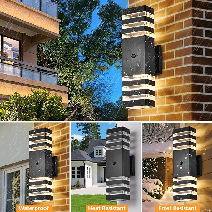 DASTOR Motion Sensor Outdoor Wall Lights 2 Pack, Dusk to Dawn Outdoor Lighting 3-Layer Exterior Porch Light Fixtures, Up and Down Outside Lights for House Garage
