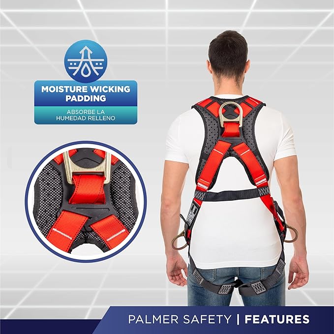 Palmer Safety Full Body Harness with 5 Point Adjustment, Dorsal D-ring, Grommet Legs, Two Side D Rings, and Fall Indicators