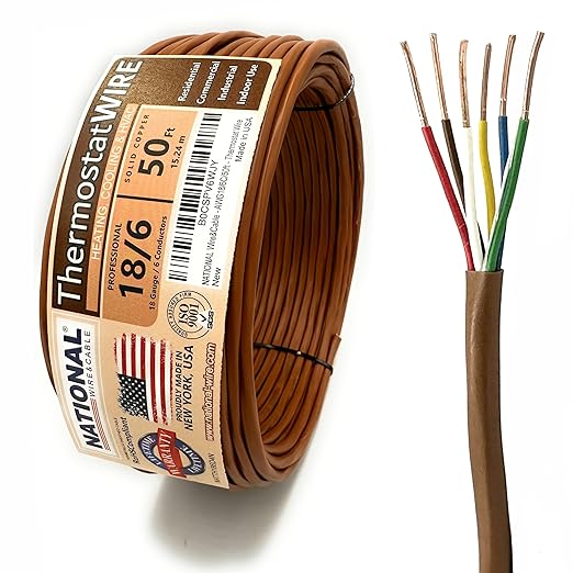 18/6 50Ft. NATIONAL Wire&Cable Thermostat Doorbell HVAC Heating Control Professional Cable Wire - Made in USA - 100% Solid Copper Conductors, CL2 ETL Listed, Low Voltage Applications Use