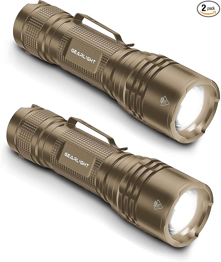 GearLight TAC LED Flashlight Pack - 2 Super Bright, Compact Tactical Flashlights with High Lumens for Outdoor Activity & Emergency Use - Gifts for Men & Women - Desert Tan