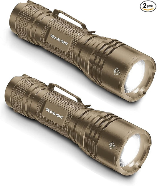 GearLight TAC LED Flashlight Pack - 2 Super Bright, Compact Tactical Flashlights with High Lumens for Outdoor Activity & Emergency Use - Gifts for Men & Women - Desert Tan