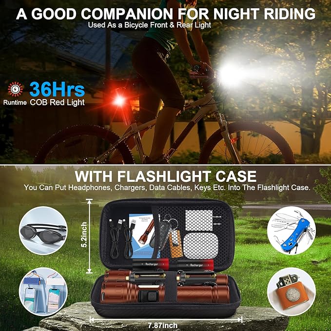 Rechargeable Magnetic Flashlights High Lumens, Super Bright LED Powerful Flashlight 8 Modes with COB Work Light, Waterproof Handheld Flash Light for Camping (2 Pack with Leather Box, Brown)