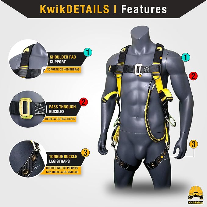 KwikSafety - Charlotte, NC - SUPERCELL Safety Harness [PREMIUM SHOULDER PADDING] ANSI OSHA Full Body Fall Protection Work Equipment | Construction Tower Climbing Roofing