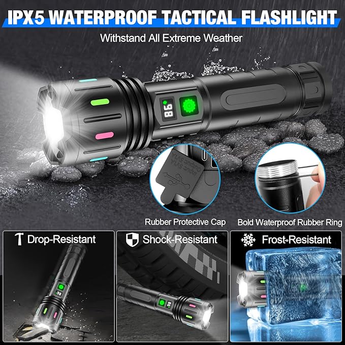 Flashlights High Lumens Rechargeable, Super Bright LED Powerful Flashlight, Type-C, 5 Modes, Zoomable, IPX5 Waterproof High Powered Tactical Flash Light for Camping (Multi-Colored)