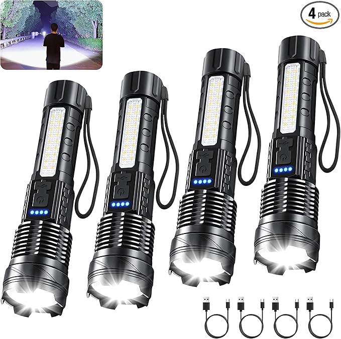Rechargeable Flashlights High Lumens, 7 Modes Super Bright LED Handheld Flash Lights Battery Powered with COB Side Light, USB C, Zoomable Beam, Waterproof for Home, Emergency, Camping, 4Pack