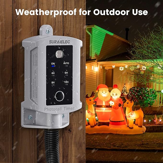 SURAIELEC 15 AMP Dusk to Dawn Timer Switch for Outdoor Electrical Boxes, 120V Photocell Power Control, for Waterproof Outlet Junction Box, Outside Lighting, Security System, Holiday Decorations