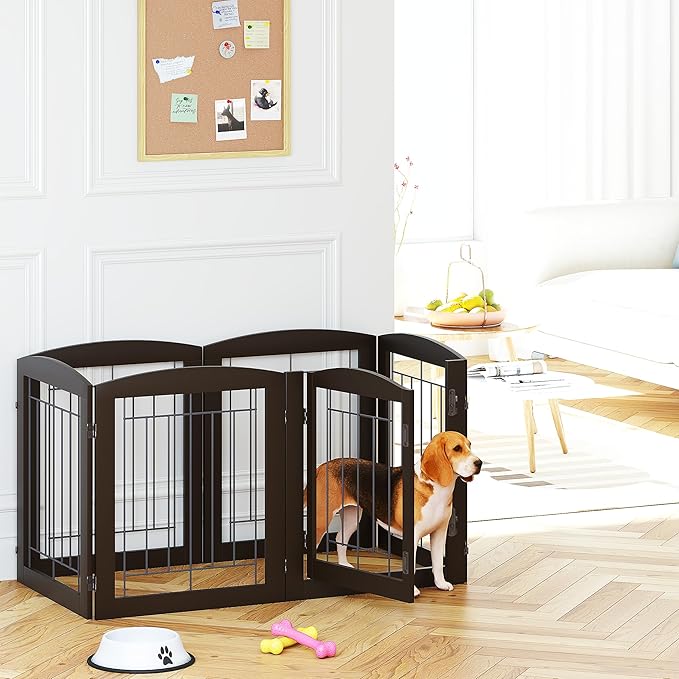 PAWLAND Dog Gate Indoor with Walk Through Door, Foldable Free Standing Pet Gate for Doorways, Stairs, The Houes, Pet Puppy Safety Fence, 120 in Extra Wide, 6 Panels, Support Feet Included, Espresso