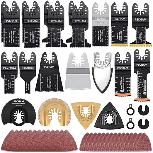 PECHAM 104 Pcs Oscillating Multi Tool Blade, Wood Metal Cutting and Sandpaper Oscillating Tool Accessories with Titanium Quick Tooth Japanese Tooth Multitool Blade Fit More Oscillating Tools