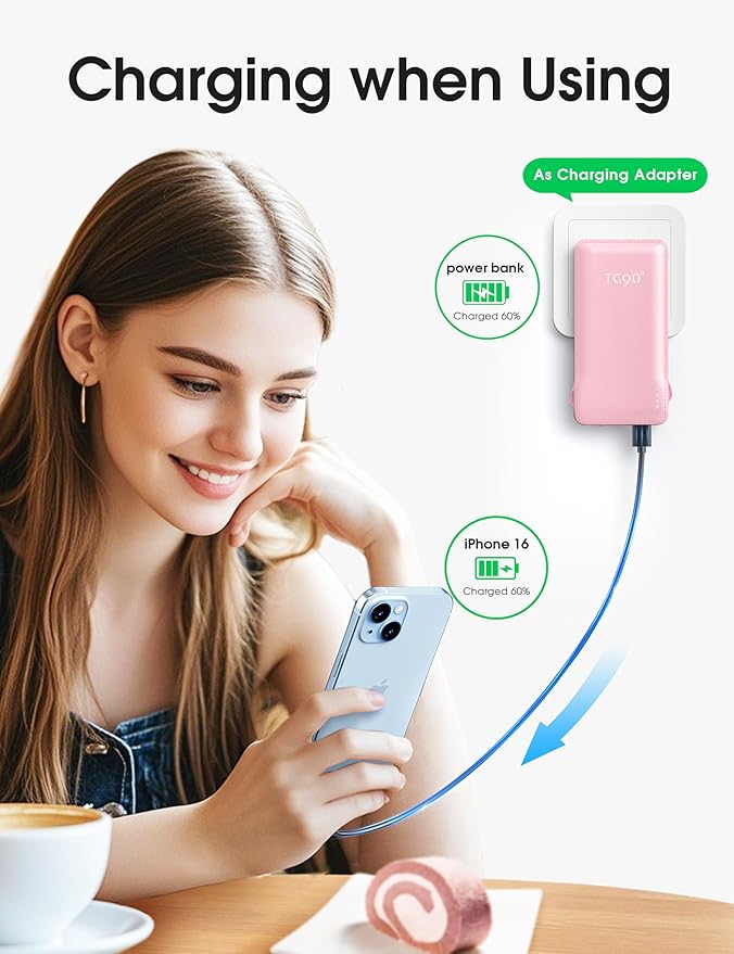 TG90° 10000mAh External Battery Pack with Built-in AC Wall Plug, Compact Cell Phone Portable Charger with Cables Power Bank Compatible with iPhone and Android Devices