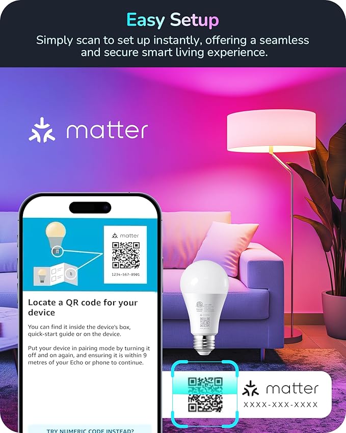 EDISHINE Matter Smart Light Bulbs, Smart Bulbs Work with Apple Home/Alexa/Google Home/SmartThings, RGBTW Color Changing Light Bulb Music Sync, 2.4GHz WiFi Bulb, 800LM Equivalent 60W, A19, E26, 2PCS
