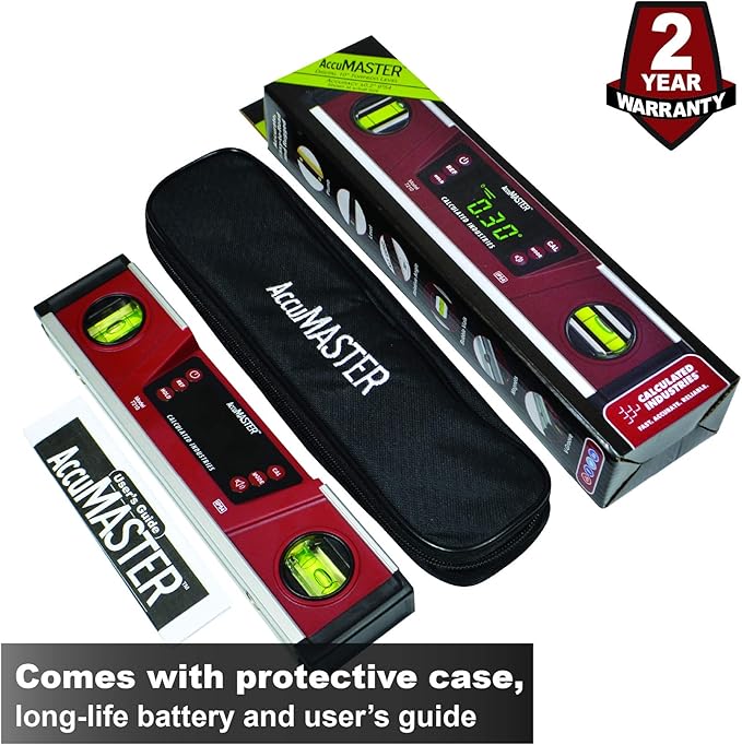 Calculated Industries 7210 AccuMASTER PRO Digital Torpedo Level and Protractor | 10” Inch | Neodymium Magnets | Bright LED Display | IP54 Dust/Water Resistant, Red