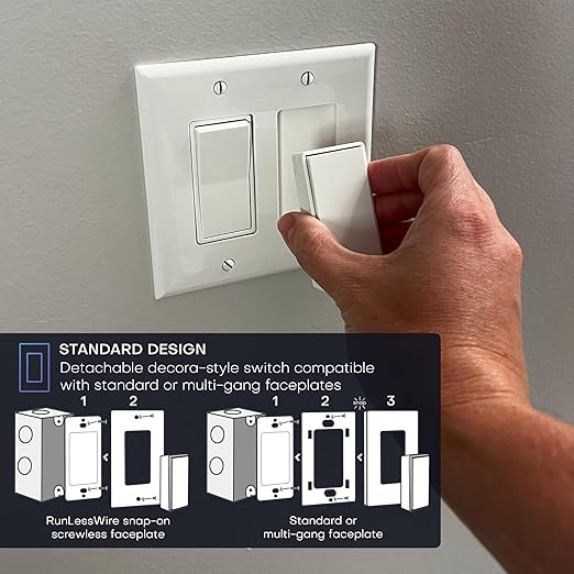 RunLessWire 3-Way Detachable Battery-Free Wireless Light Switch Kit 150ft RF Range for DIY Home Electrical Projects: 2 Removable Magnetic Remote Switches Control 1 5A On/Off Receiver - White