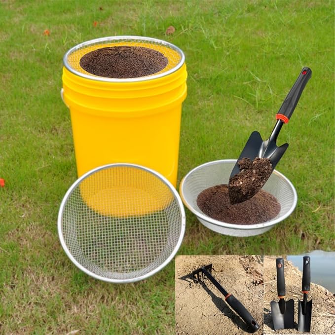 Garden Tool Set, Includes 1/8-inch Mesh Gardening Sifter, Trowel, Transplanter, and Cultivator for Outdoor Gardening, Ergonomic Yard Tool Kit