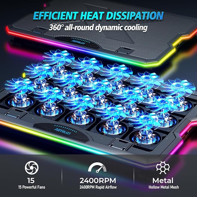 Gaming Laptop Cooling Pad, Laptop Cooler with 15 Quiet Fans for 12-17.3 Inch Notebook, Slim Portable Laptop Cooling Stand with 7 Height Adjustable, 2 USB Ports, Phone Stand