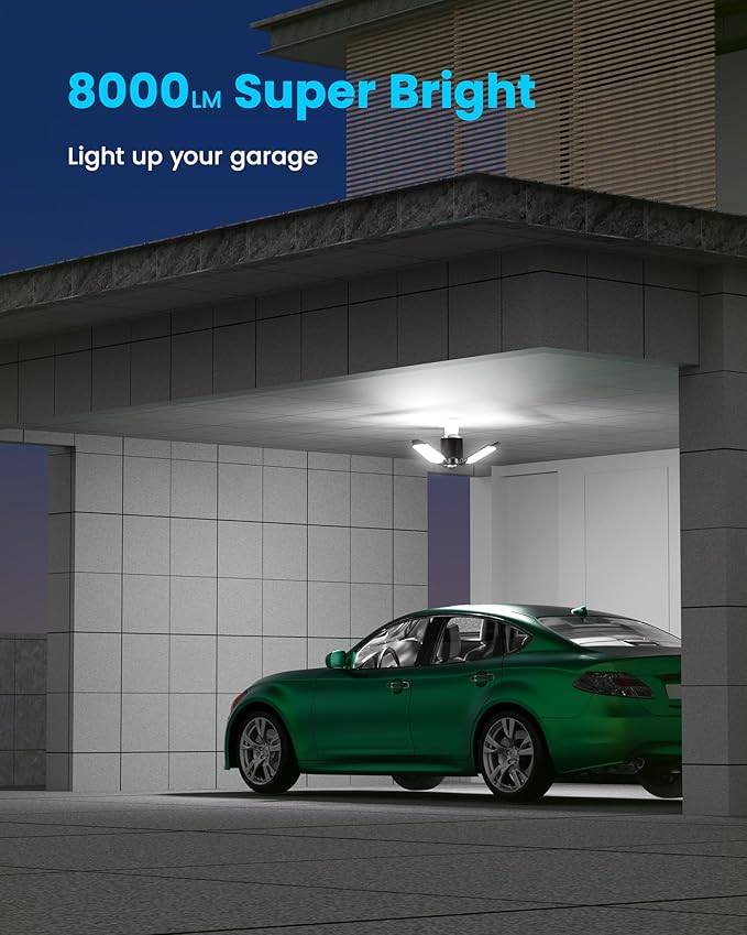 Motion Sensor Garage Lights 8000LM, Deformable Motion Activated LED Garage Ceiling Light Bulbs, 3 Modes & 360° Detection, Sensor Lights Bulb Indoor for Workshop/Barn 2-Pack